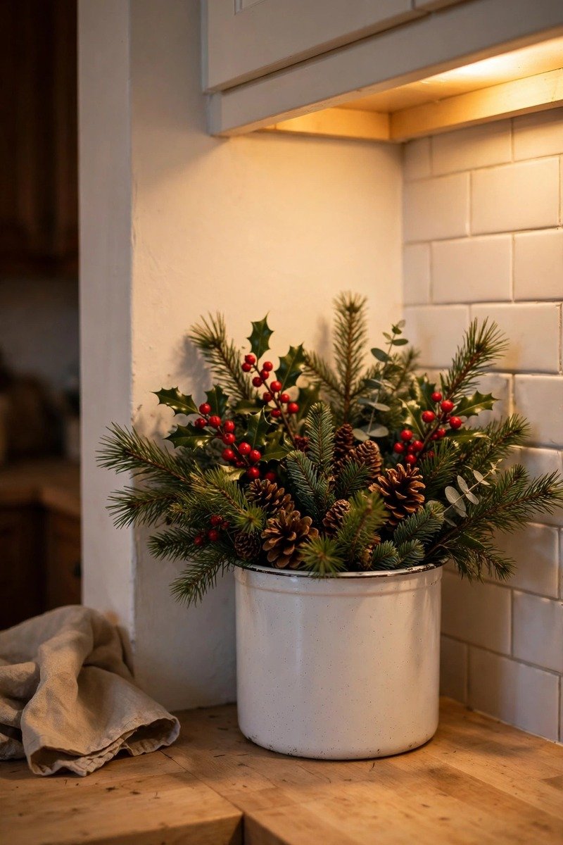 Crock with greenery on a kitchen counter corner