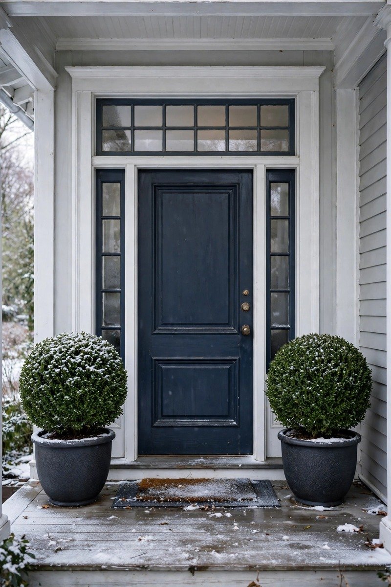 Boxwood topiary pair flanking a front door