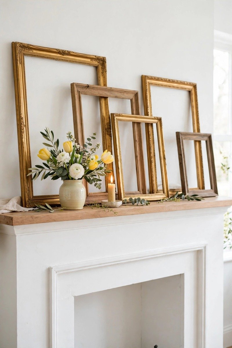 Leaning picture frames layered on a mantel