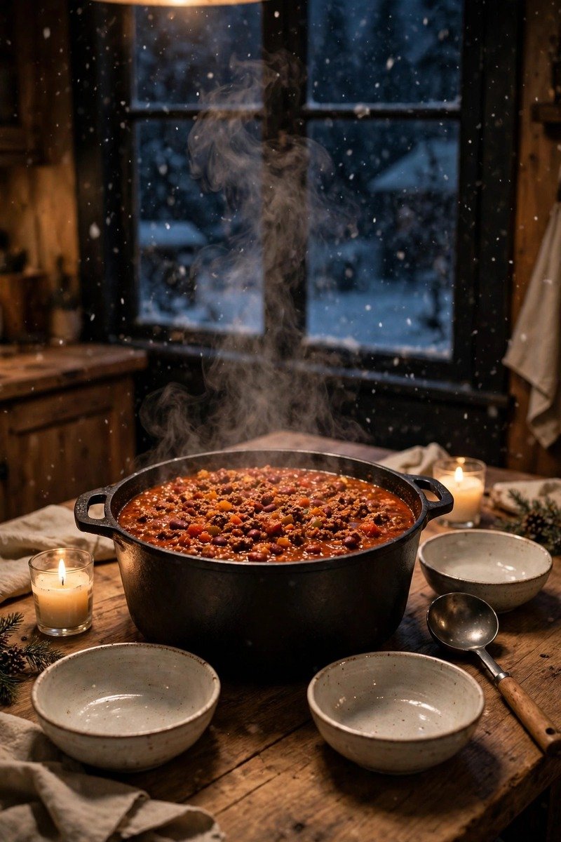 Pot of chili with candles on a snowy evening