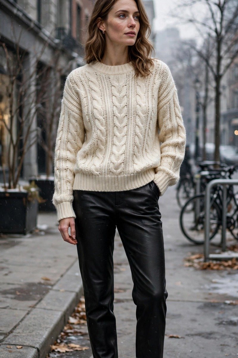 Black leather trousers with a cream sweater