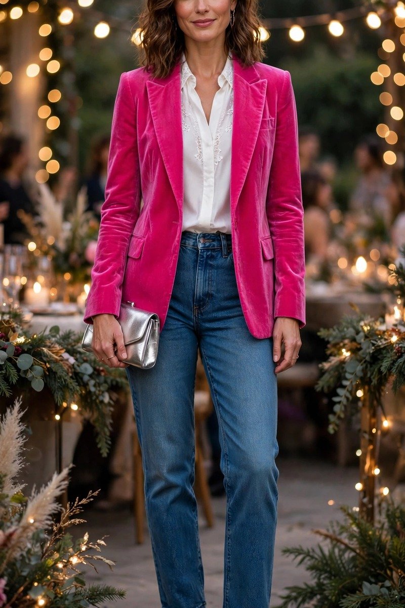 Christmas party outfit pink velvet blazer jeans