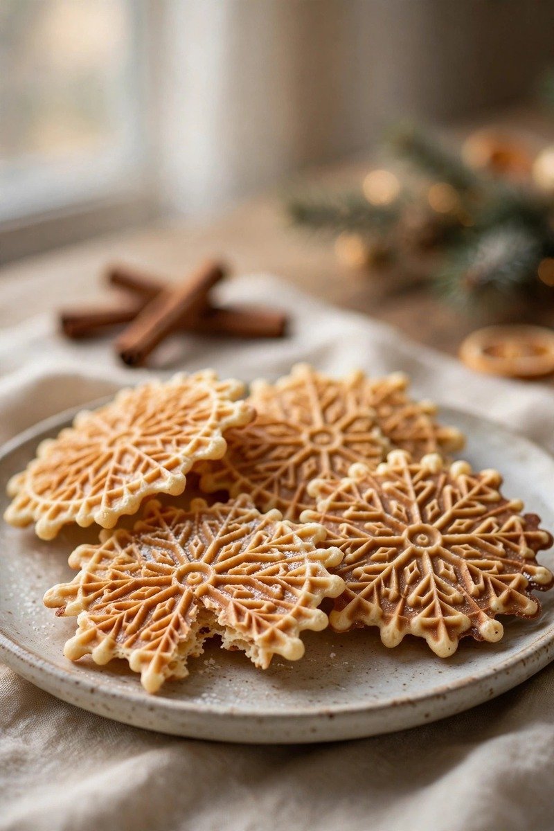 Delicate patterned Italian pizzelle Christmas cookies