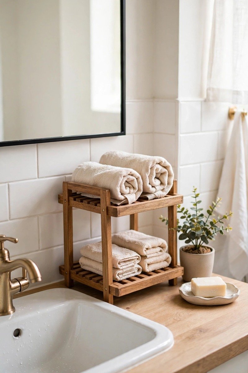 Tiered stand with hand towels on a bathroom counter