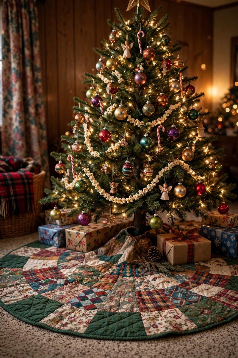 Vintage Christmas tree skirt, quilted retro pattern
