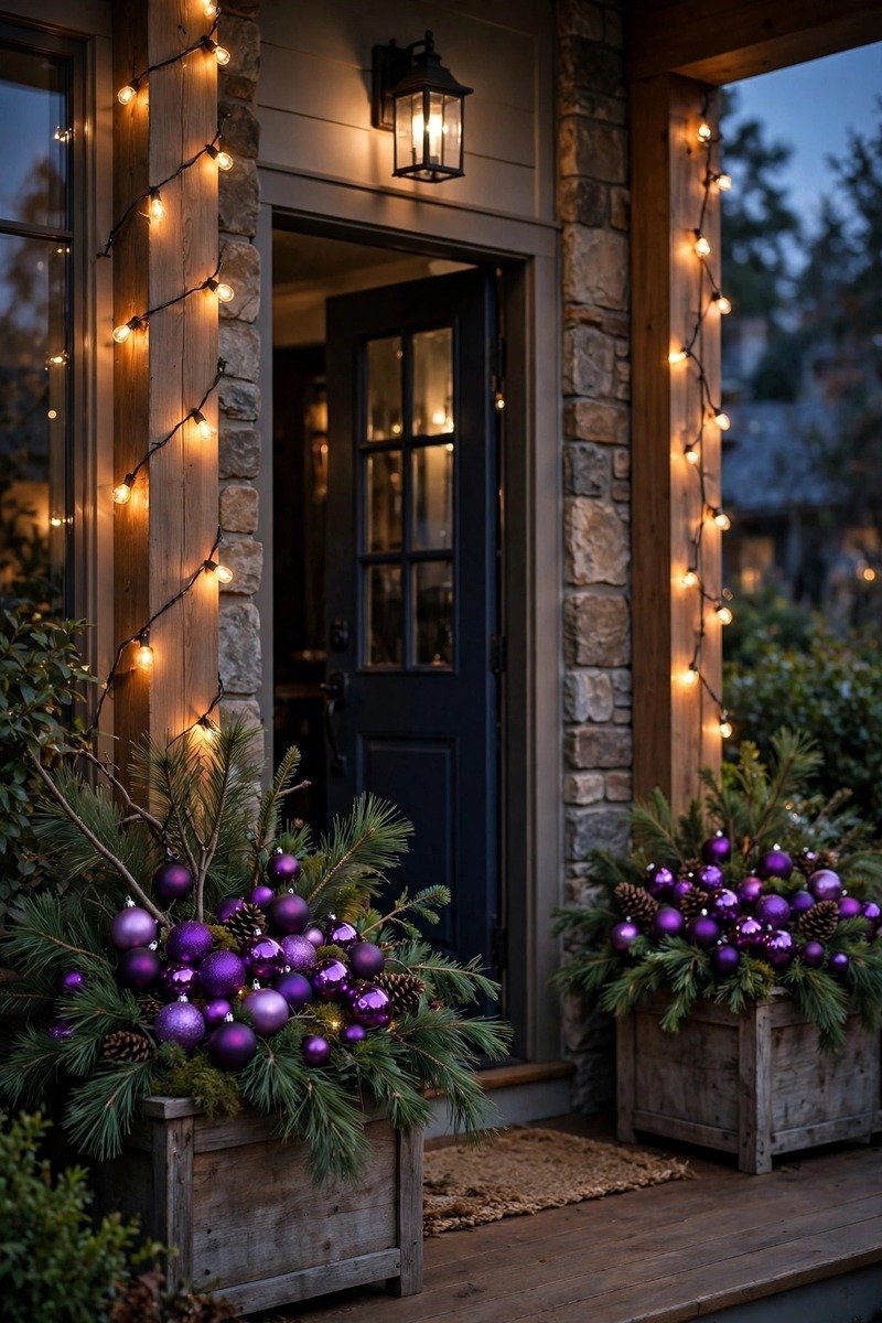Porch planters filled with purple ornaments, pine branches and lights