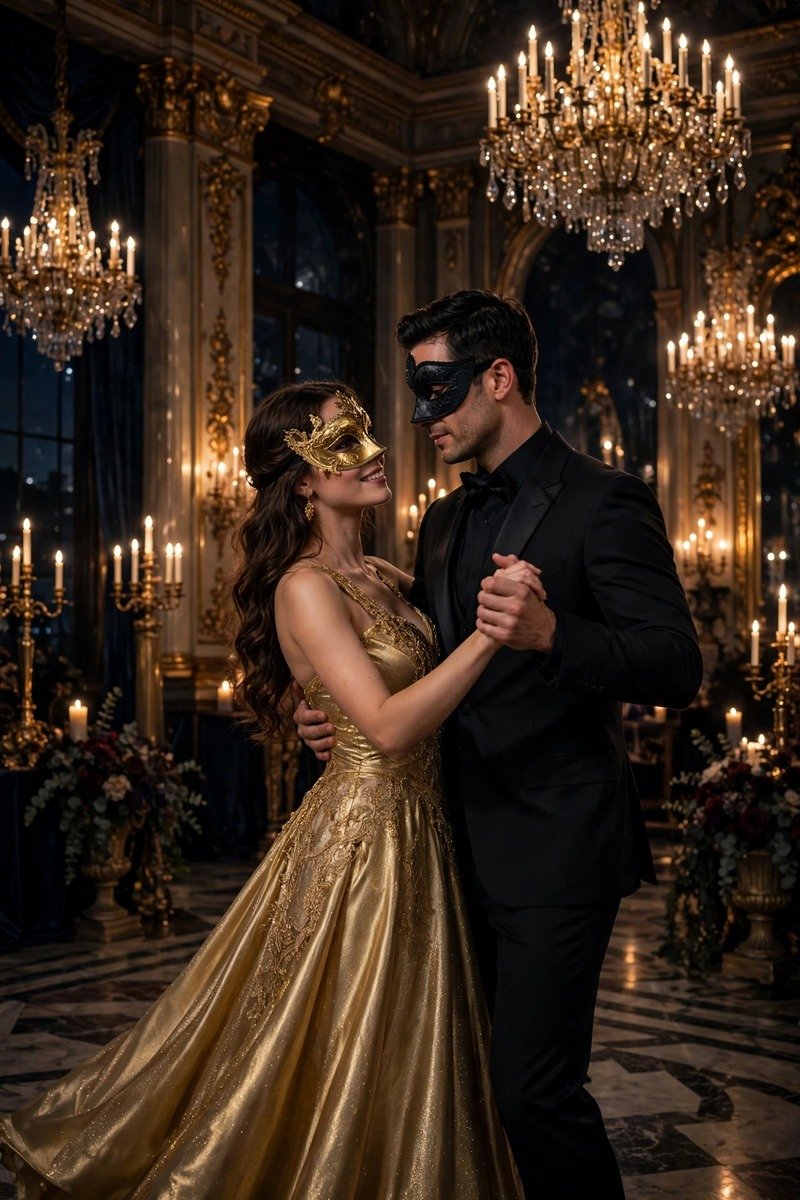 Couple in coordinated black and gold masquerade outfits with masks