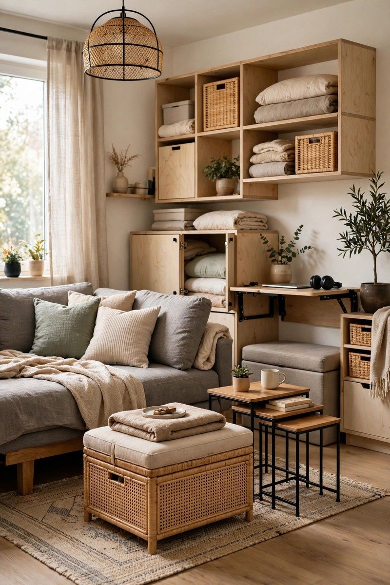 Living room with multifunctional furniture including storage ottoman and sleeper sofa