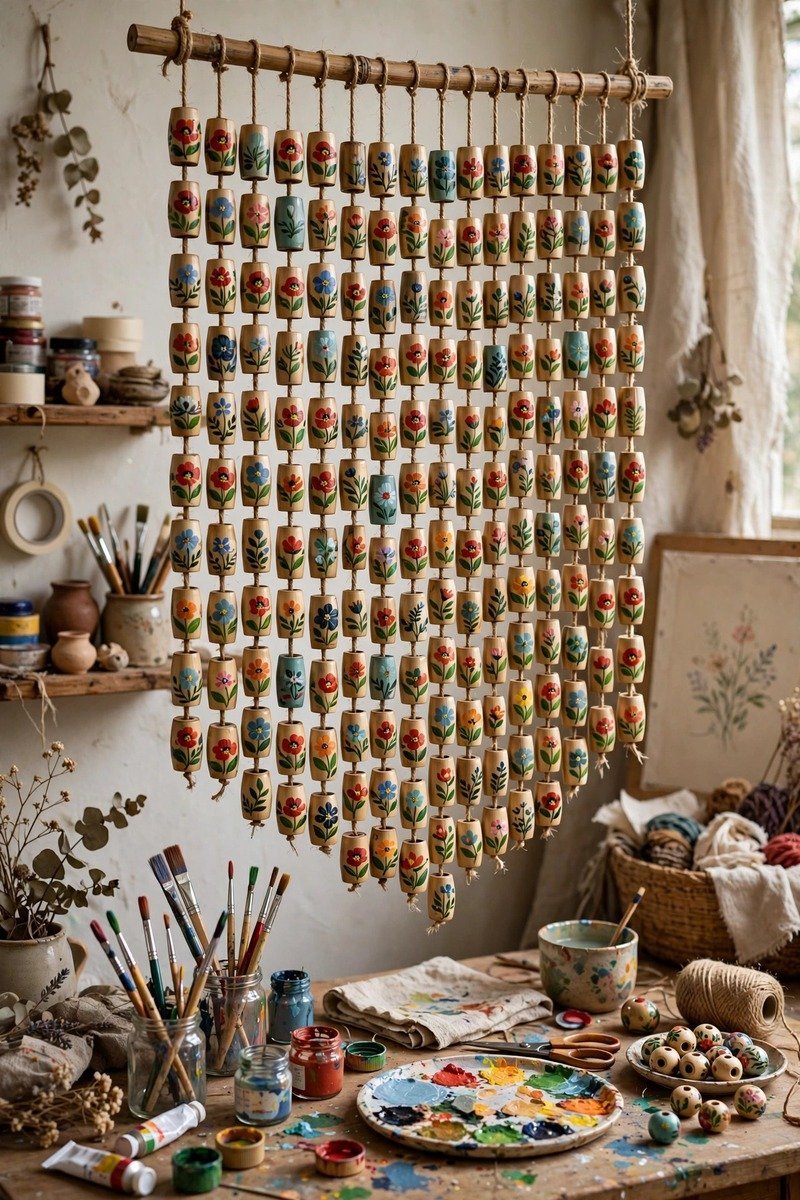 DIY painted bamboo beaded curtain in progress with craft paint and brushes