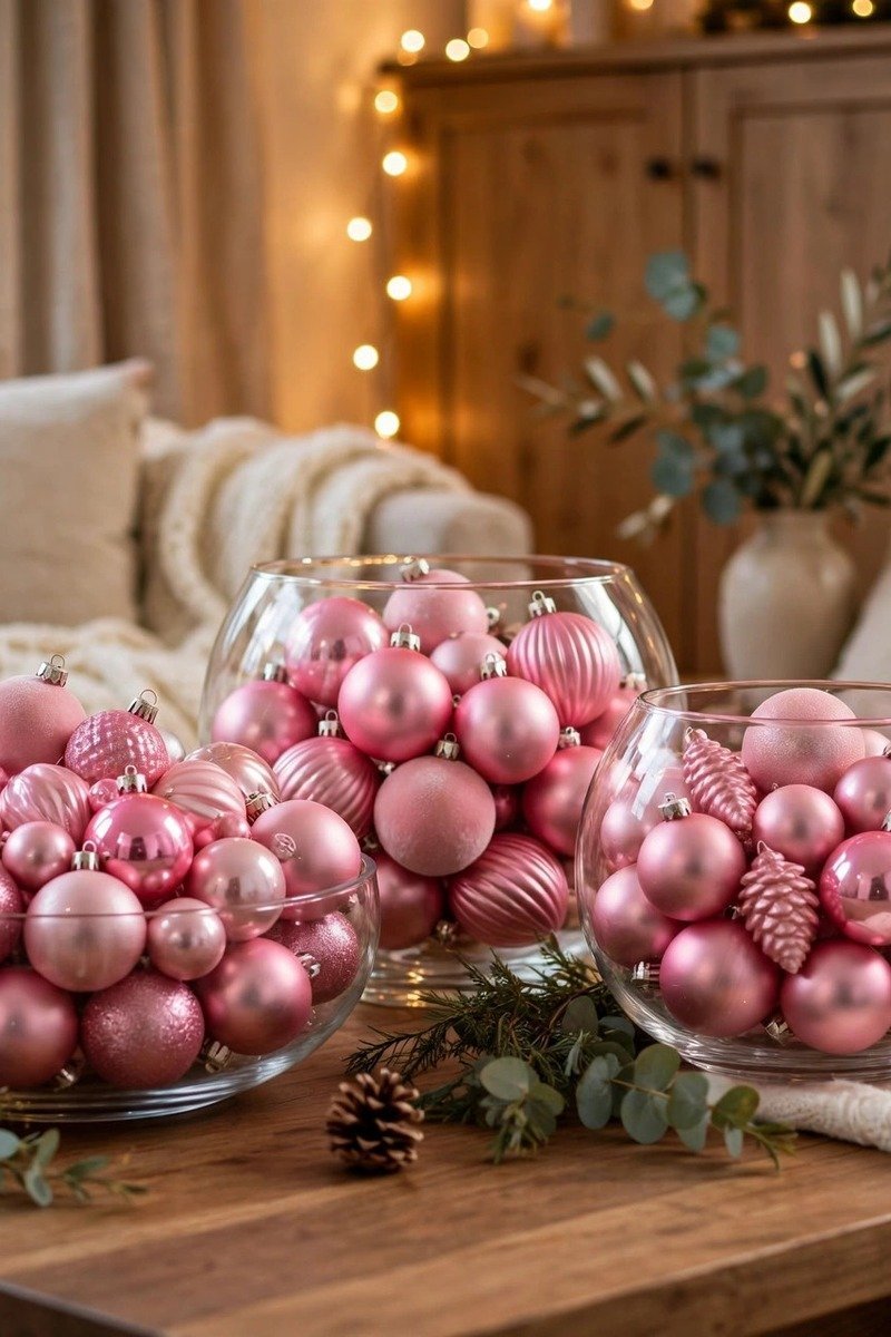 Glass bowls filled with pink Christmas ornaments as coffee table decor