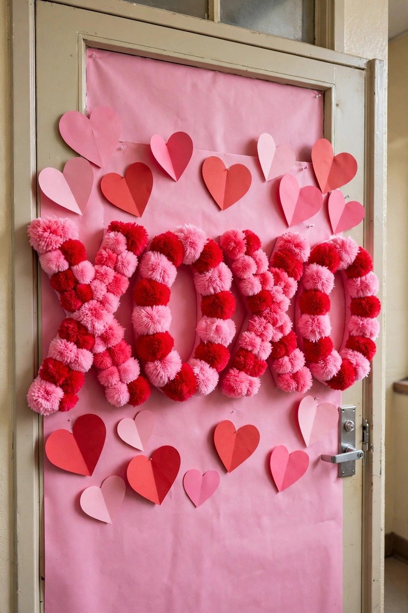 Classroom door with big XOXO letters and hearts