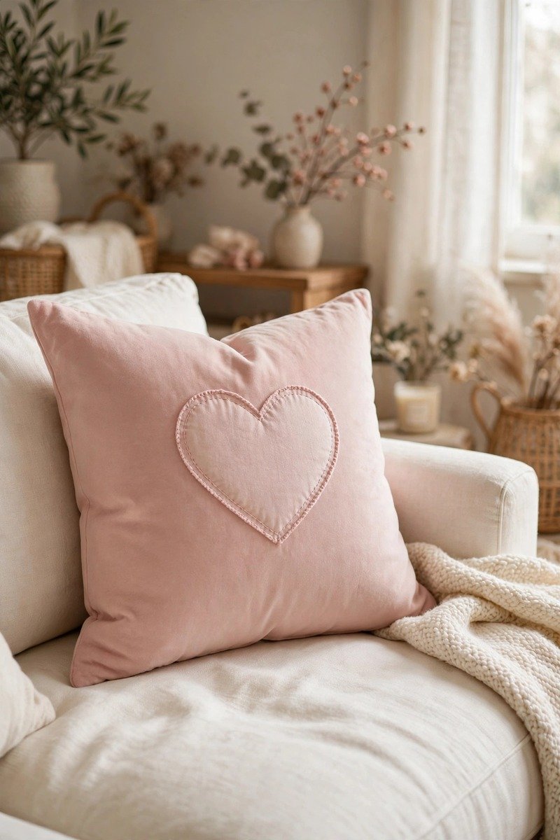 Blush throw pillow with heart applique detail