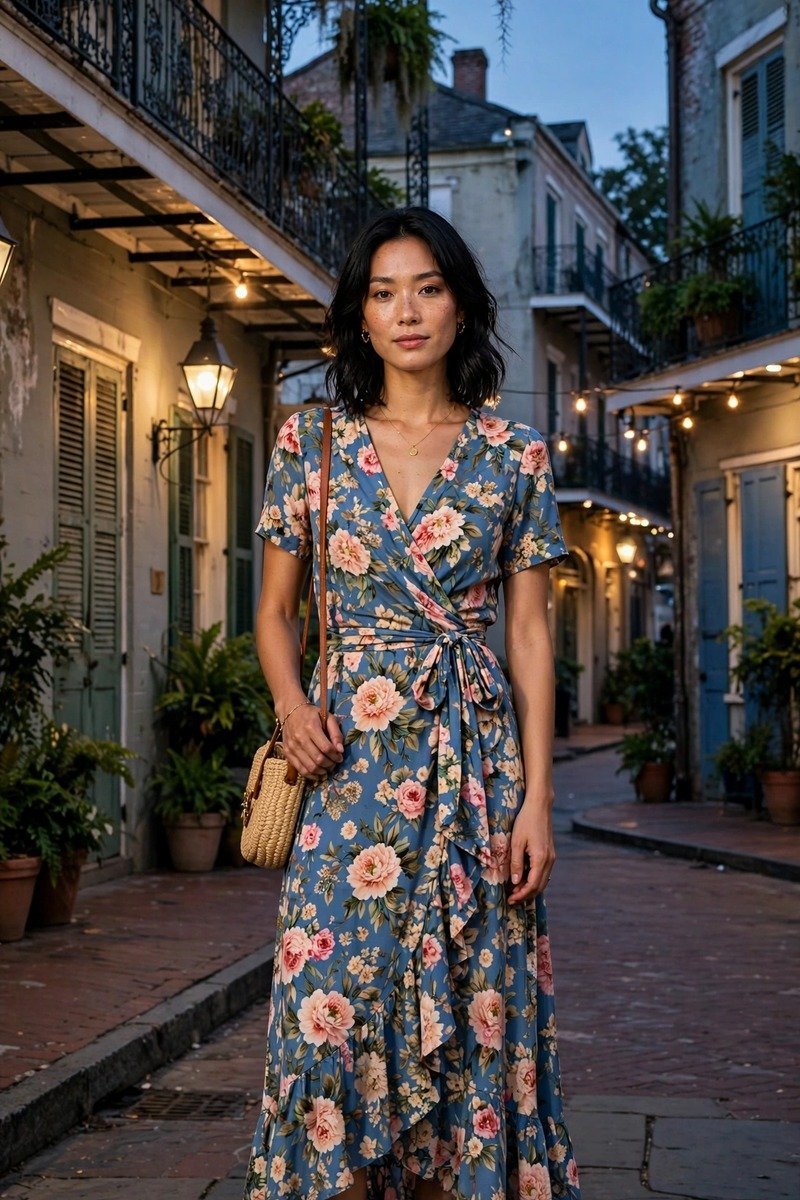 Woman in a floral wrap dress
