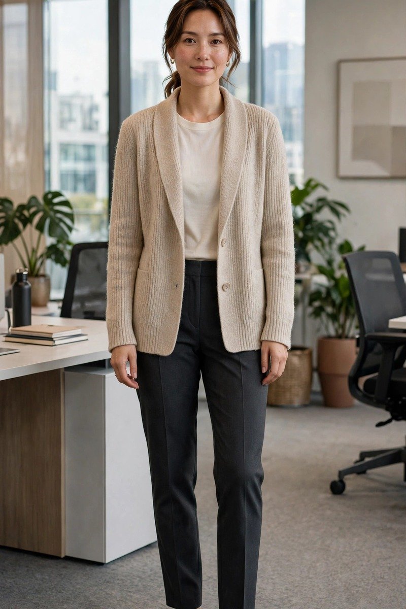 Woman in soft knit blazer and dark trousers
