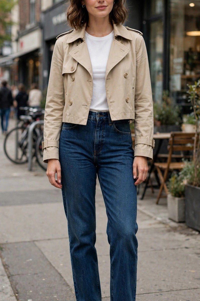 Woman in cropped trench coat with high-waisted jeans