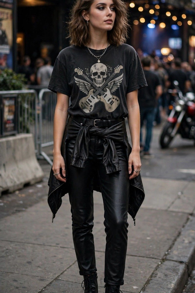 Woman in leather pants with vintage band tee