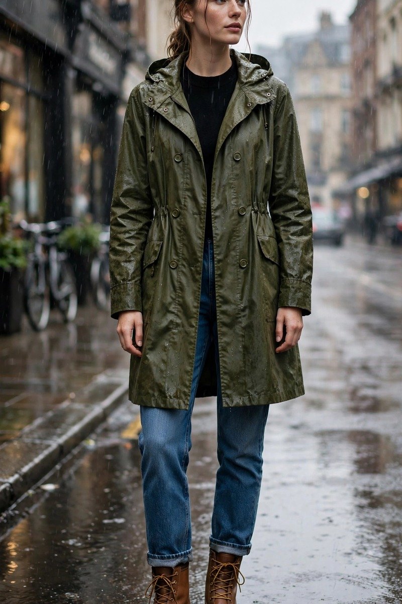 Woman in duck boots with jeans on rainy day