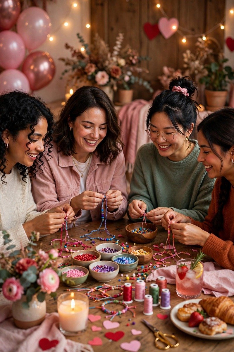 Friends making friendship bracelets at a table