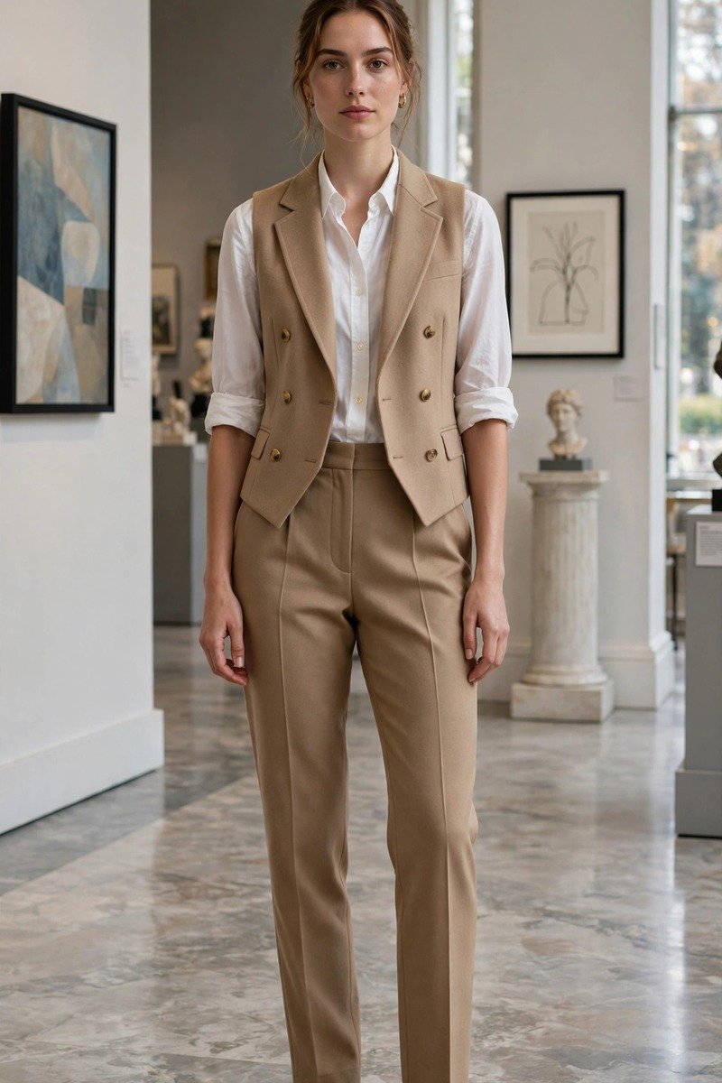 Woman in tailored vest and trousers at an art museum