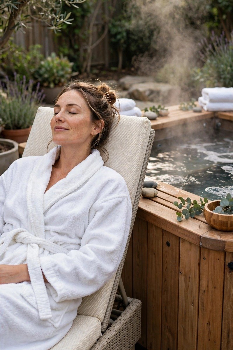 Woman in plush robe over swimsuit at a spa