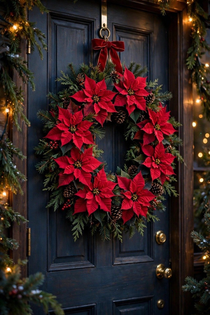 Poinsettia bloom Christmas wreath with red flowers