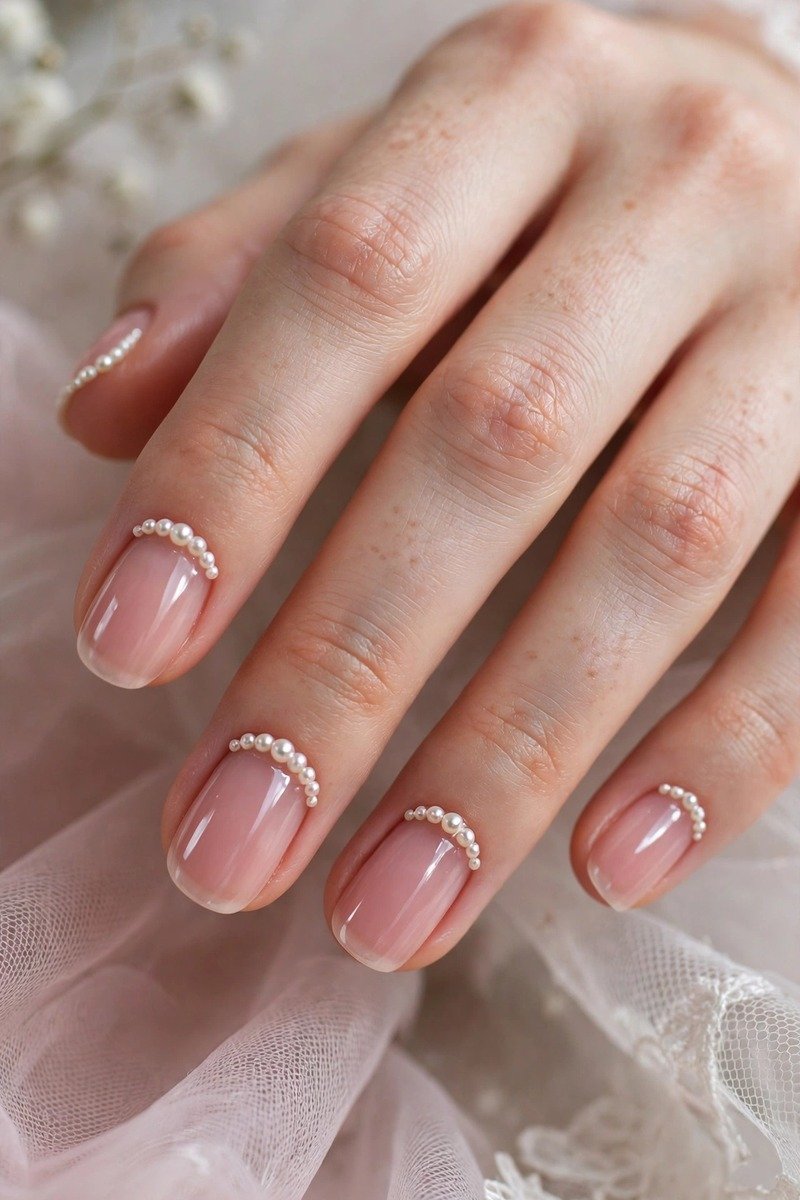 Sheer pink nails with tiny pearl decorations
