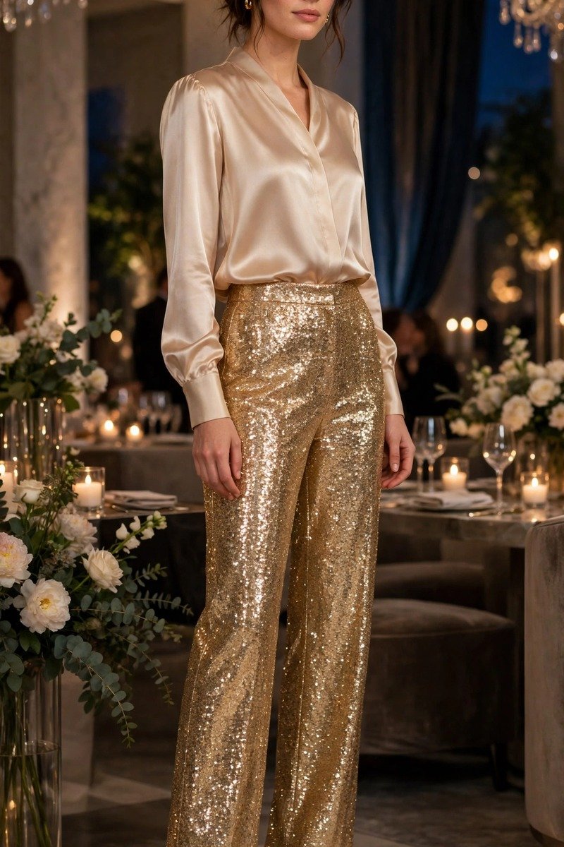 Woman in gold sequin pants with a champagne satin blouse and heels