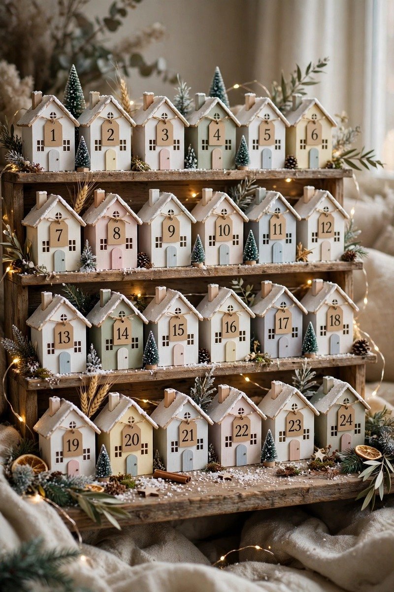 Advent Christmas village with numbered miniature houses