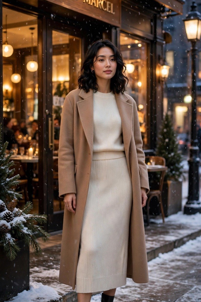 Matching knit set with a long coat winter outfit