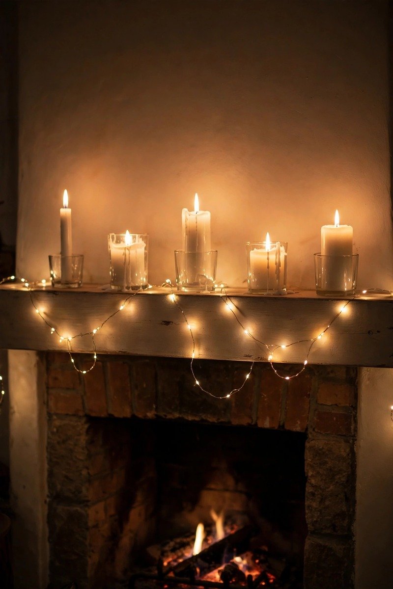 Christmas mantle with twinkle lights and candles only