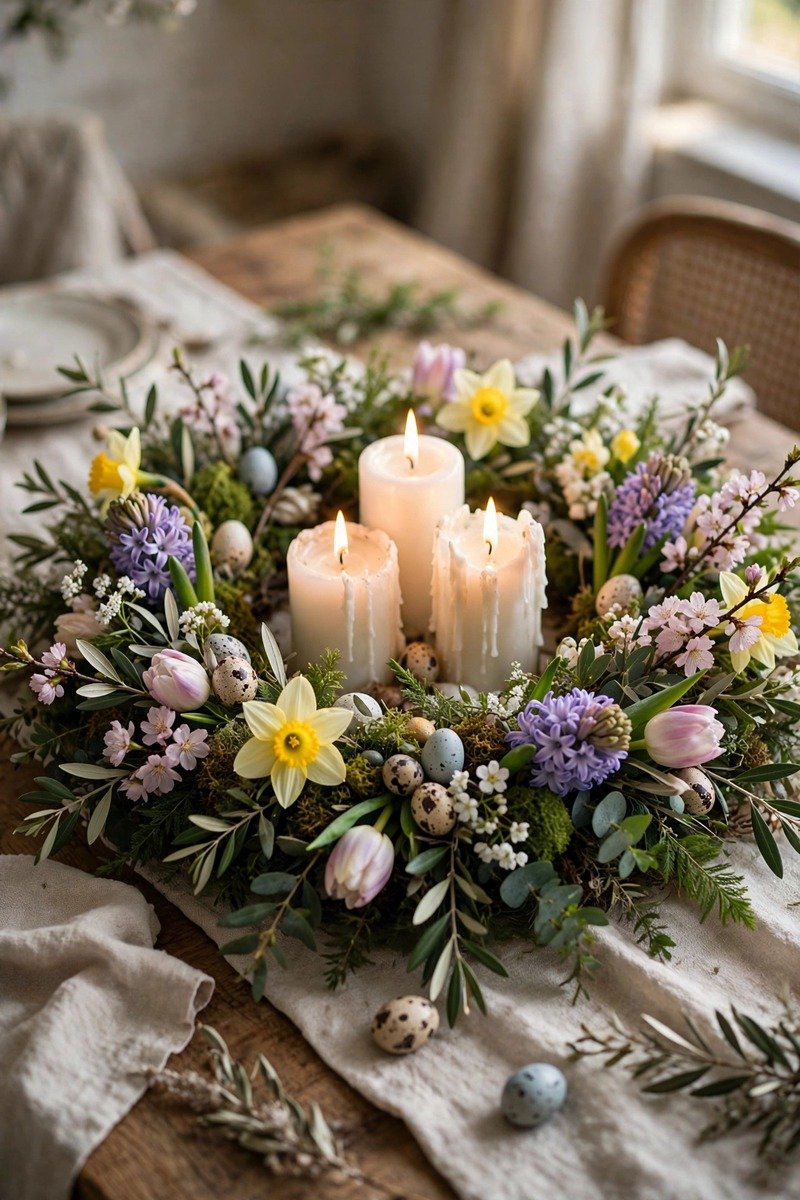 Spring flower ring around candles centerpiece