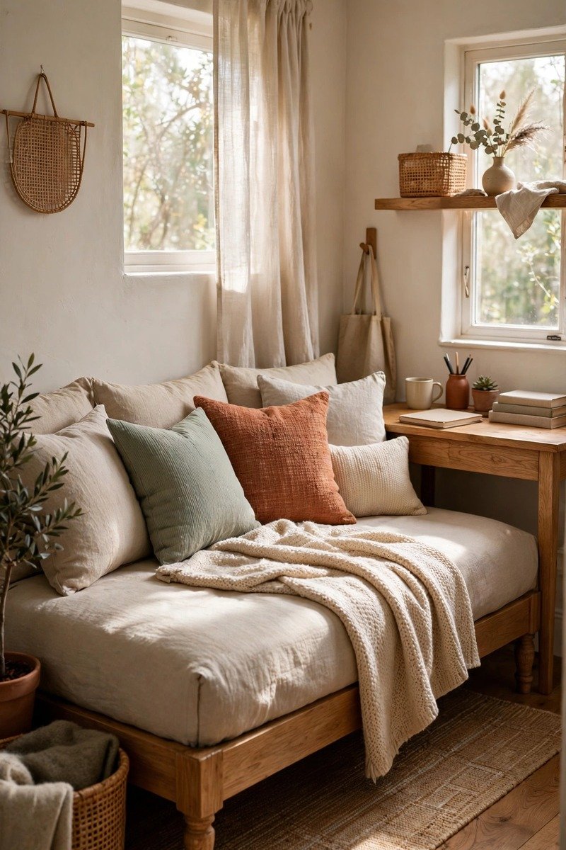 Small bedroom with a daybed used as a sofa