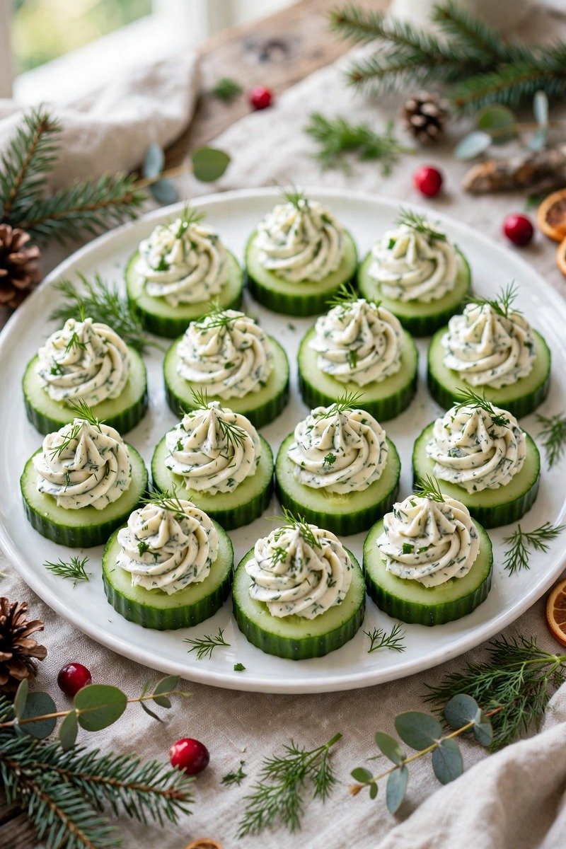 Cucumber bites topped with herbed cream cheese