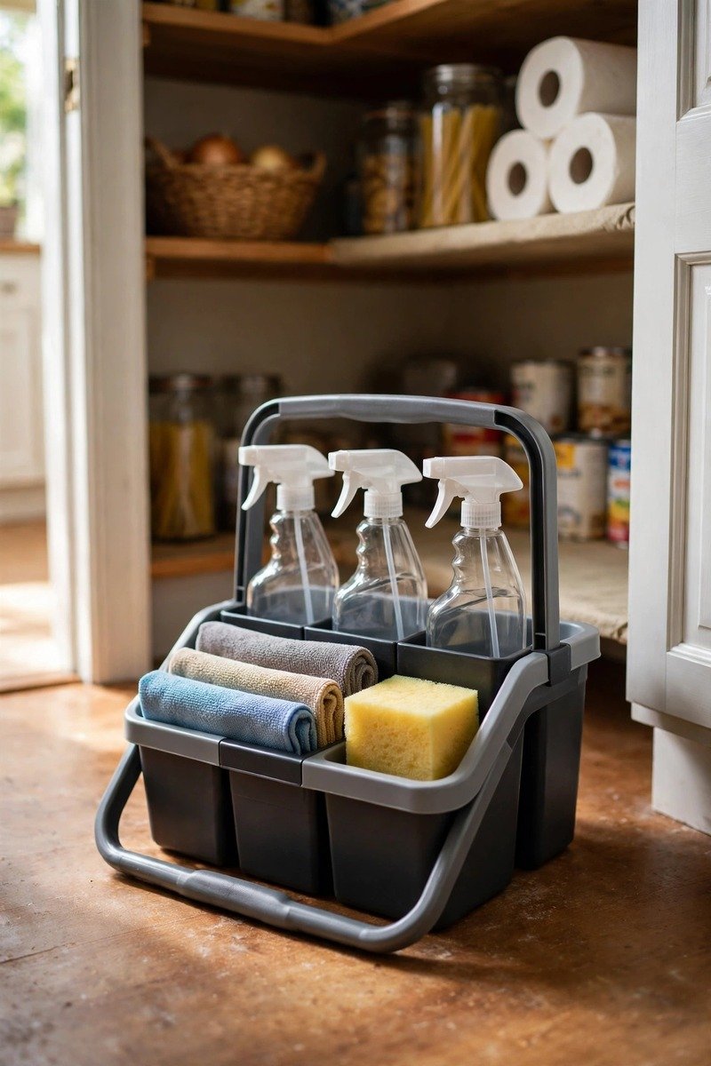Cleaning supplies in a caddy at the bottom of a pantry