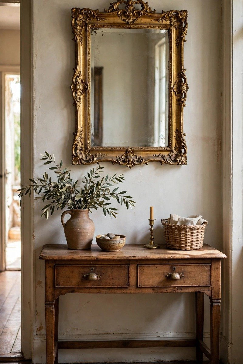 Vintage style mirror in a small entryway