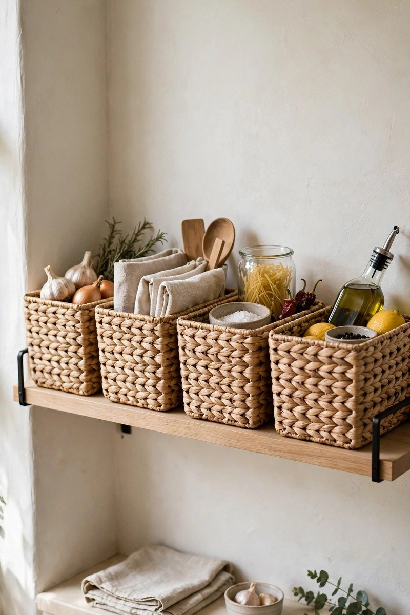 Matching storage baskets on a kitchen shelf