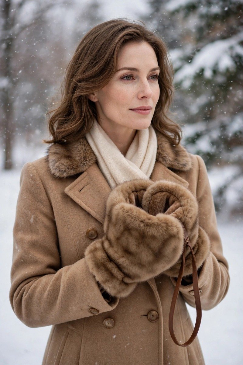 Faux fur hand muff held by a woman