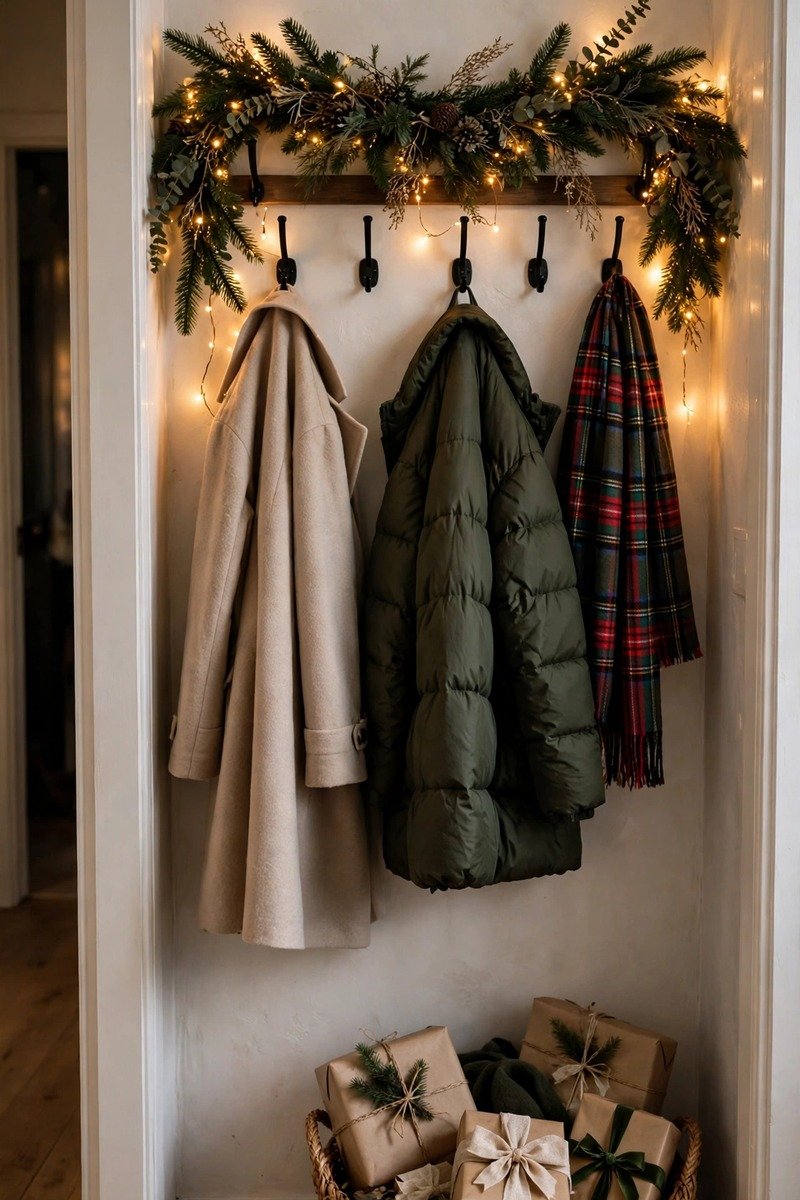 Entryway wall hooks with garland and a basket