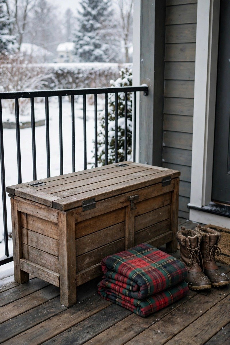 Storage bench on a winter porch