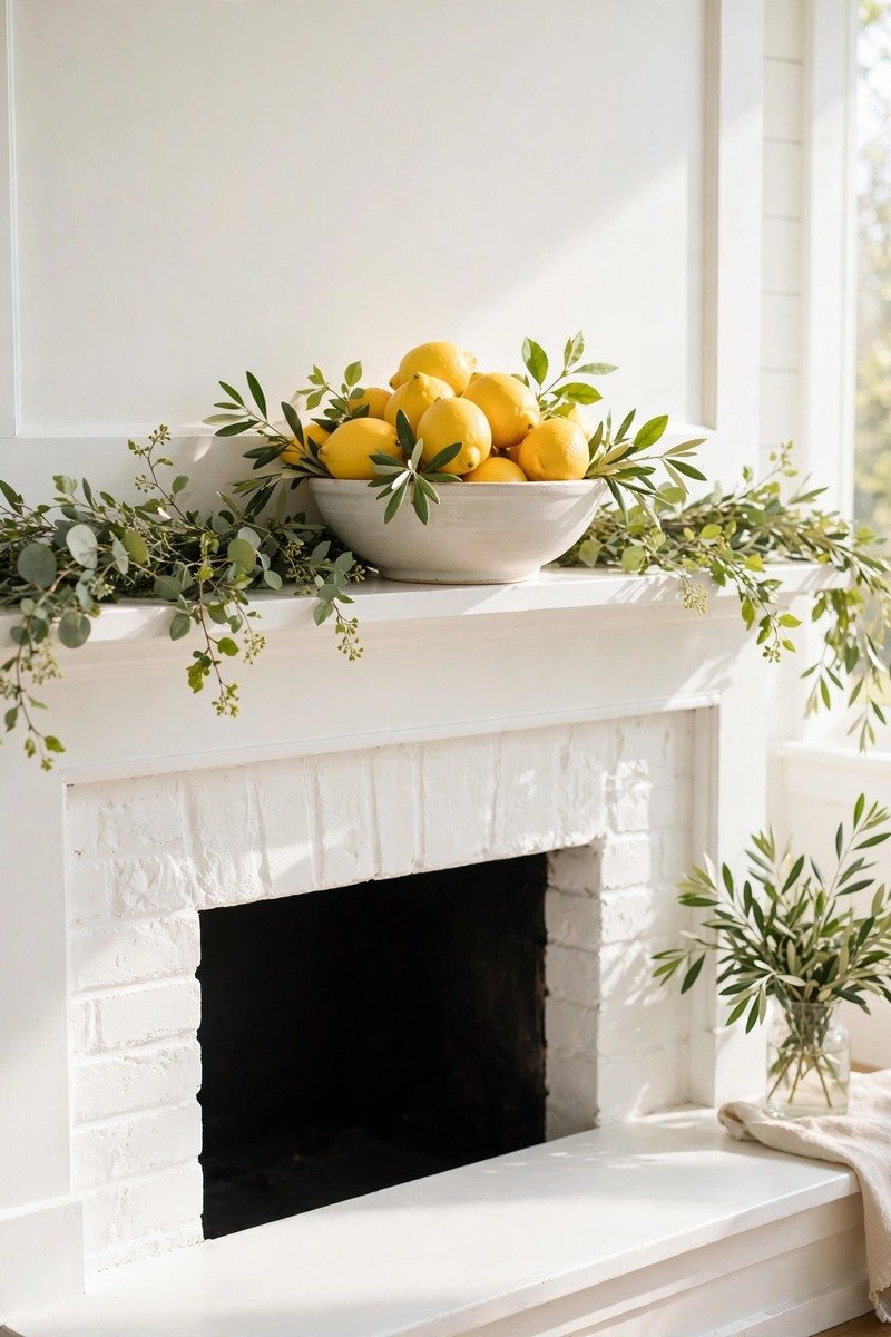 Bowl of lemons on a spring mantel