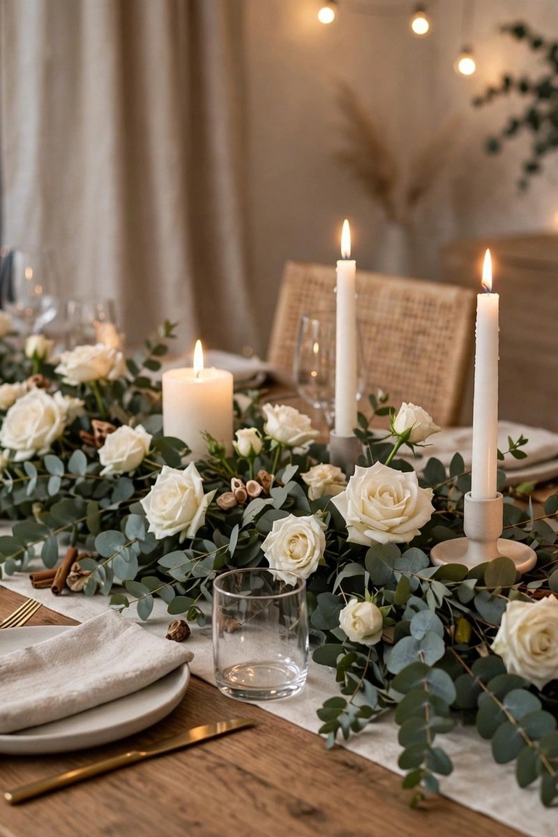 eucalyptus and white flower runner Christmas table decor