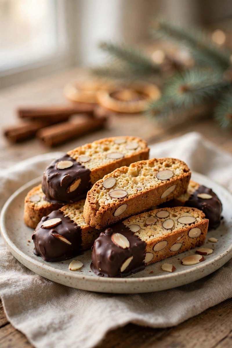 Almond biscotti Christmas cookies half dipped in dark chocolate