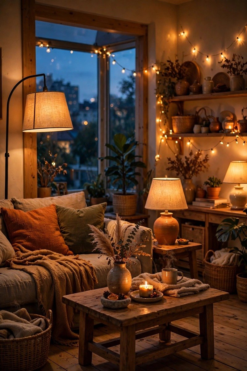 Living room glowing with layered warm lighting from floor lamp, table lamp, and candles