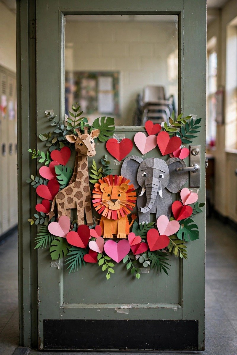 Classroom door with safari animals and heart decorations