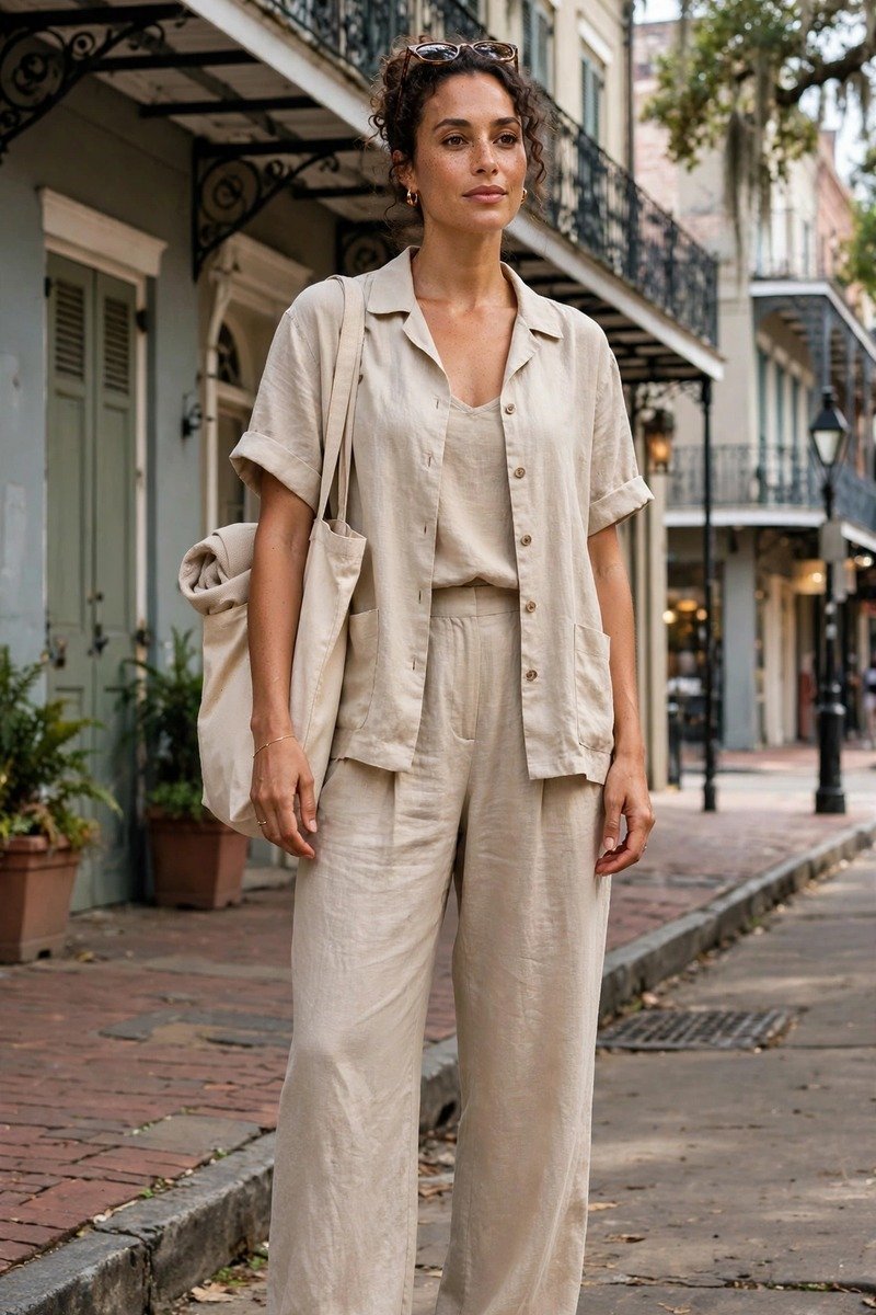 Woman in a matching beige linen co-ord set