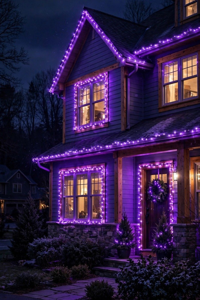 House exterior at night with purple Christmas string lights