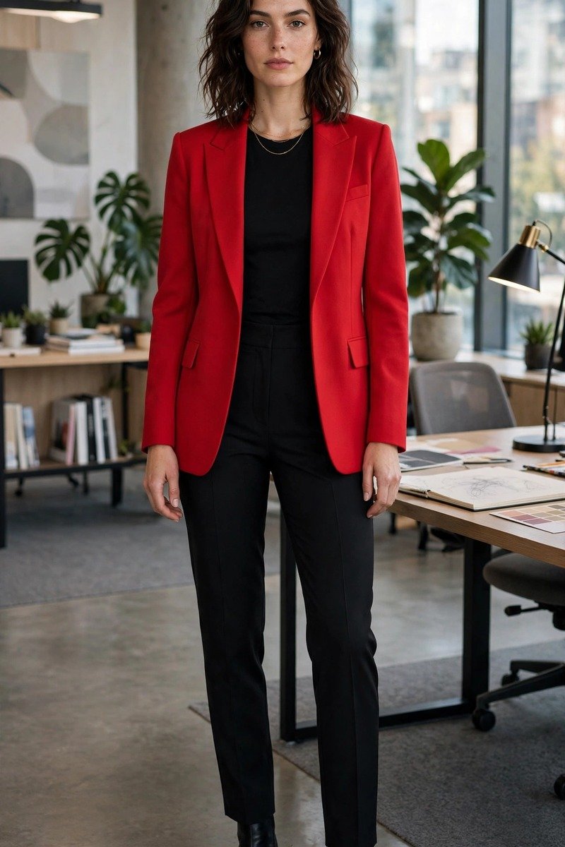 Woman in red blazer with black top and trousers