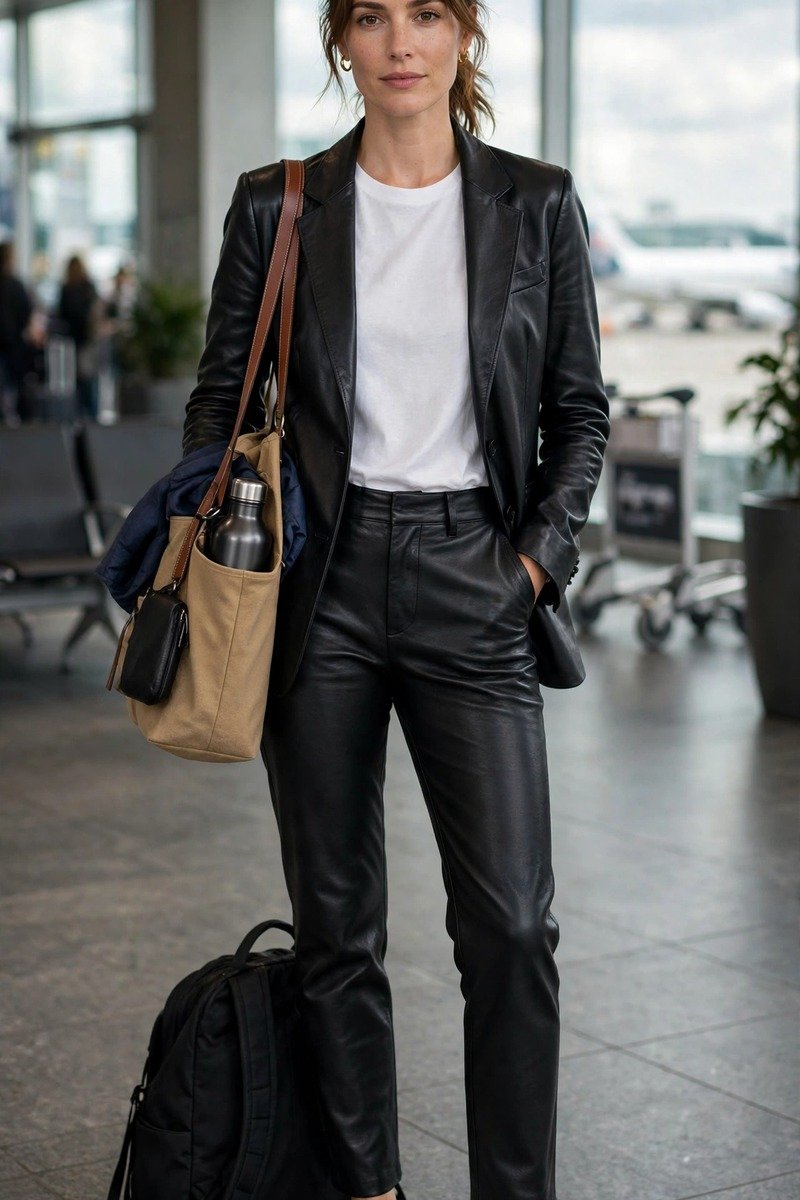 Woman in leather pants with blazer and white sneakers
