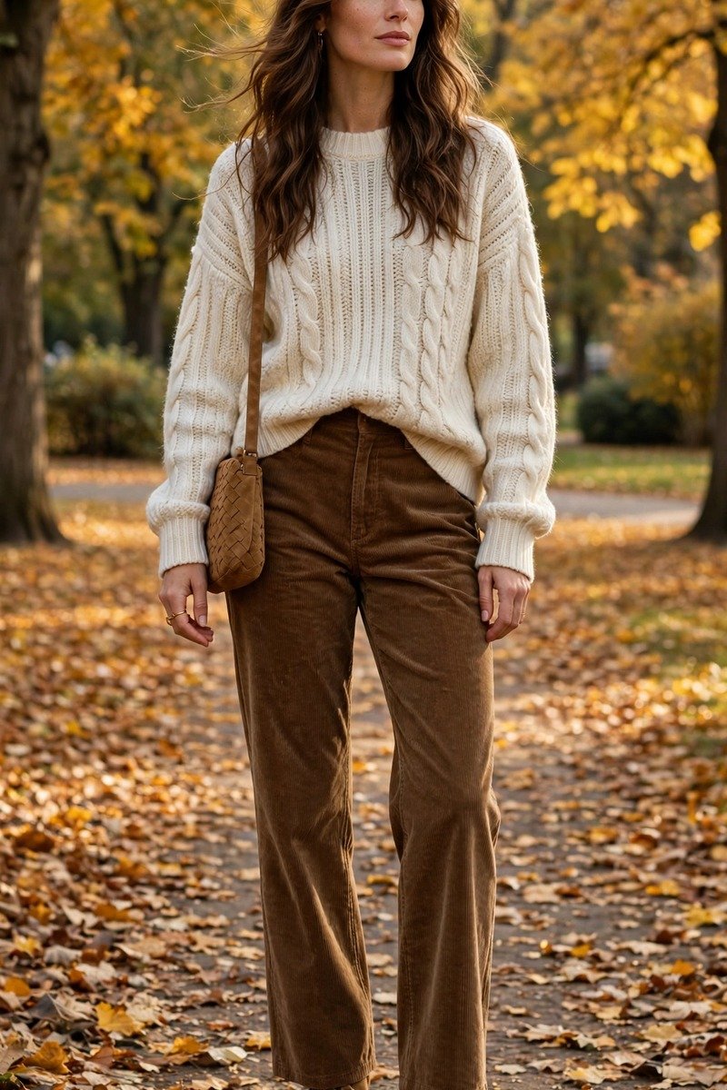 Woman in suede boots with corduroy pants