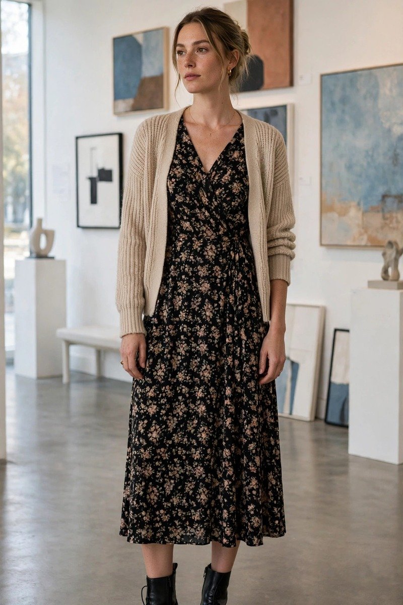 Woman in cardigan, midi dress, and ankle boots in a gallery